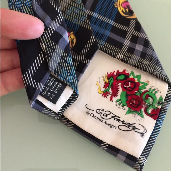Rare designer Ed Hardy Tie skull plaid vintage Tie - Picture 5 of 7